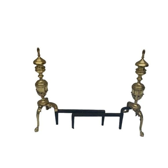 Vintage Victorian Fireplace Andirons Solid Brass Ornate - Picture 1 of 5